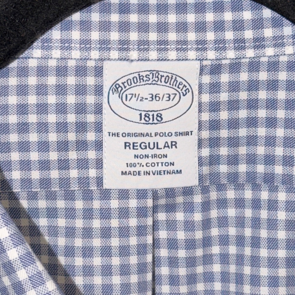 Brooks Brothers 1818 NON-IRON Long Sleeve Shirt Blue White Plaid Mens 17.5 36/37 - Picture 2 of 11